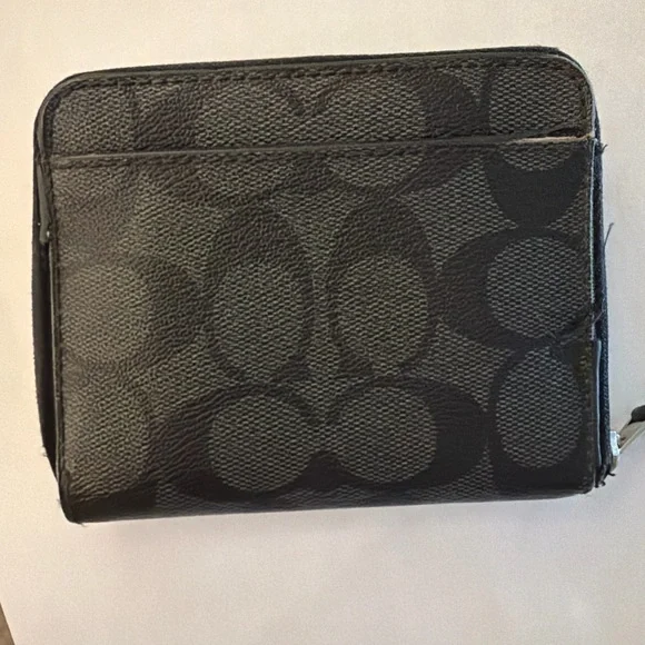 Coach Black Signature Zip Around Wallet Small Compact - Picture 3 of 5